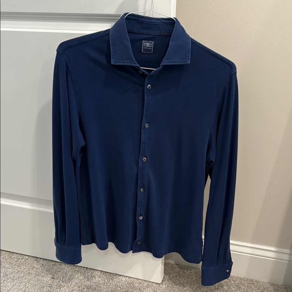 Fedeli Pique Long Sleeve Casual Button Down Shirt - Navy Size IT 48